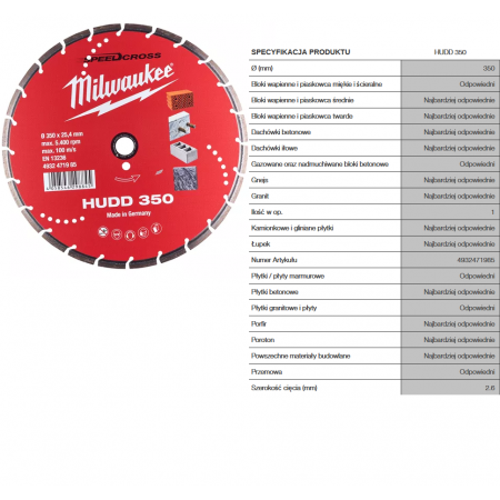 Tarcza diamentowa HUDD PREMIUM 350mm 4932471985 Milwaukee