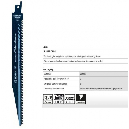 Brzeszczot do piły szablastej Vehicle Rescue S1157CHM 225mm metal, carbide 2608653132 Bosch