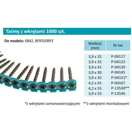 Taśma z wkrętami do drewna 3,9x55 mm /1000 szt P-13546 Makita