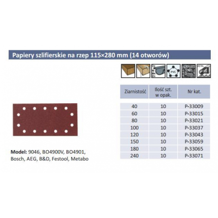 Papier szlifierski 10 szt. 115 x 280 mm K100 (14 otworów) P-33037 Makita