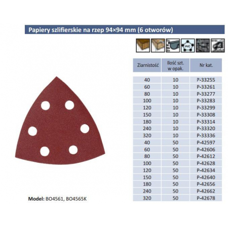 Papier szlifierski BO4561 K80 94x94x94 mm, 6 otworów P-33277 Makita